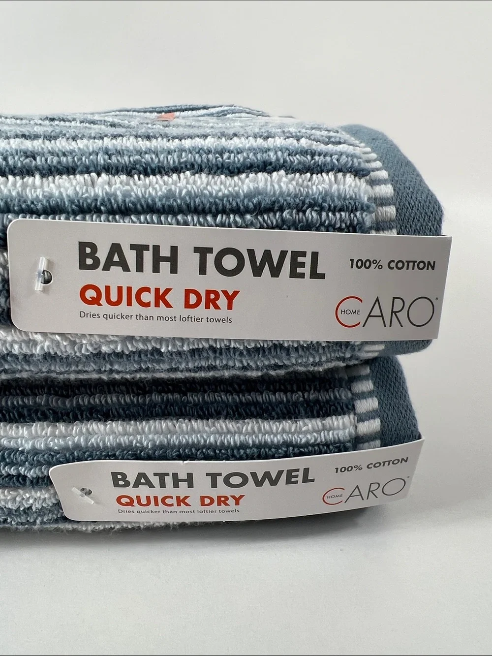 Caro Home Bath Towel Set  Striped Blue White Soft Cotton Quick Dry 2 Pc NEW